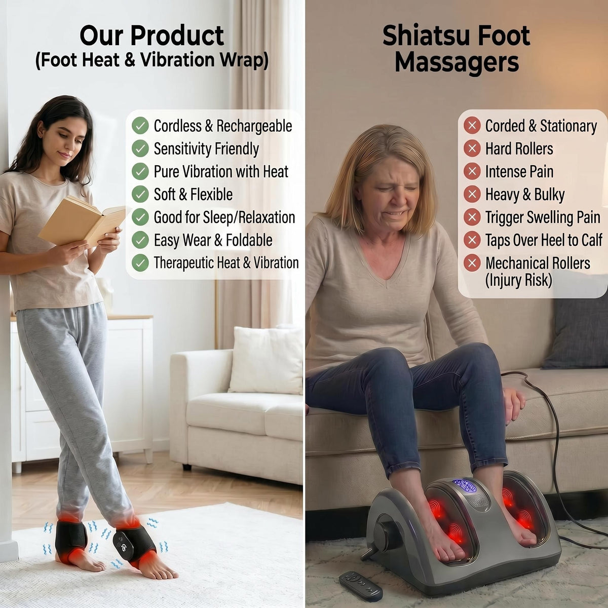 Cordless Foot Massager, Heat & Vibration, Foot & Ankle Wrap, 2-Pack 3 heat levels, 3 vibration intensities, 15-minute timer, cordless, 2000mAh rechargeable battery for foot and ankle