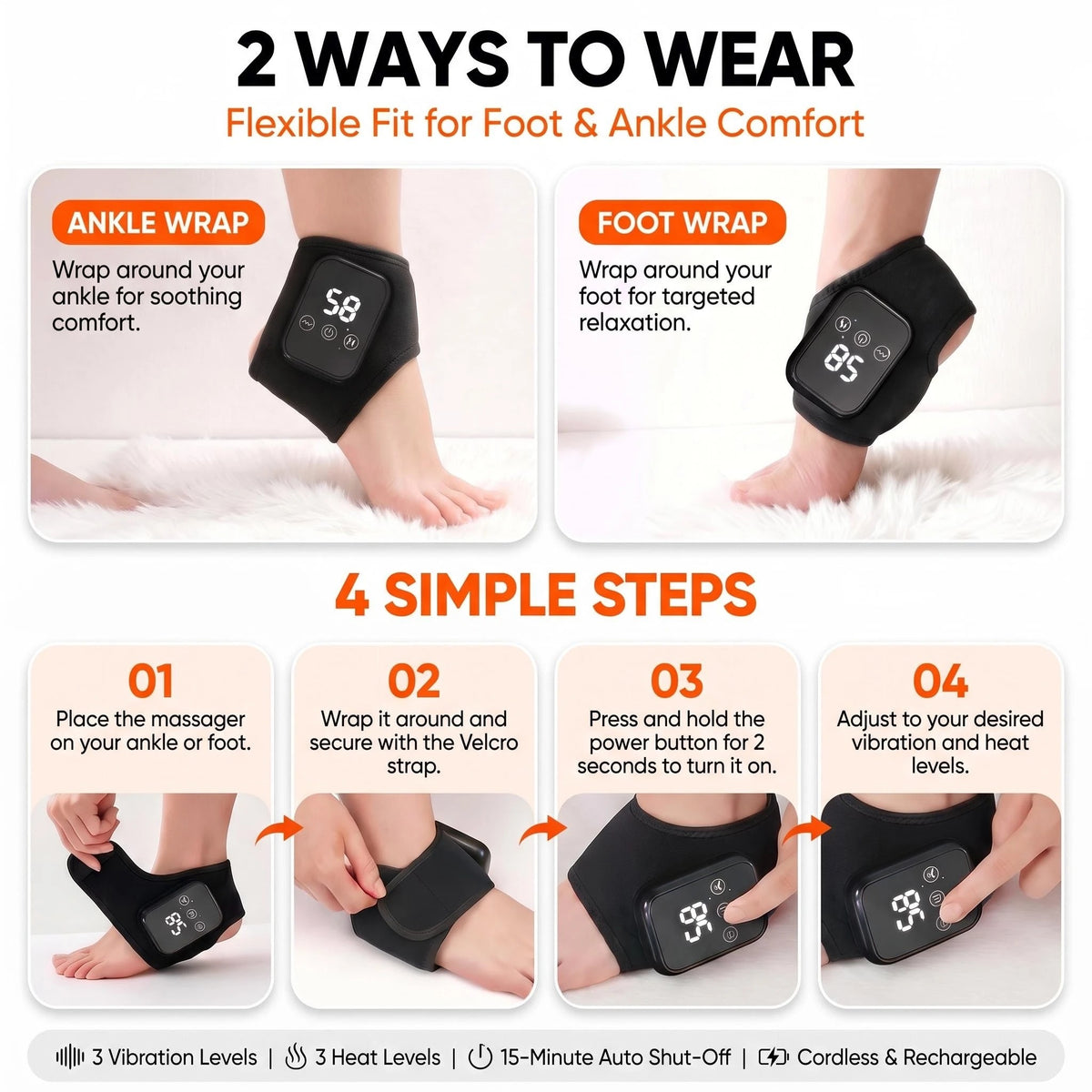 Cordless Foot Massager, Heat & Vibration, Foot & Ankle Wrap, 2-Pack 3 heat levels, 3 vibration intensities, 15-minute timer, cordless, 2000mAh rechargeable battery for foot and ankle