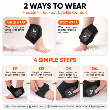 Cordless Foot Massager, Heat & Vibration, Foot & Ankle Wrap, 2-Pack 3 heat levels, 3 vibration intensities, 15-minute timer, cordless, 2000mAh rechargeable battery for foot and ankle